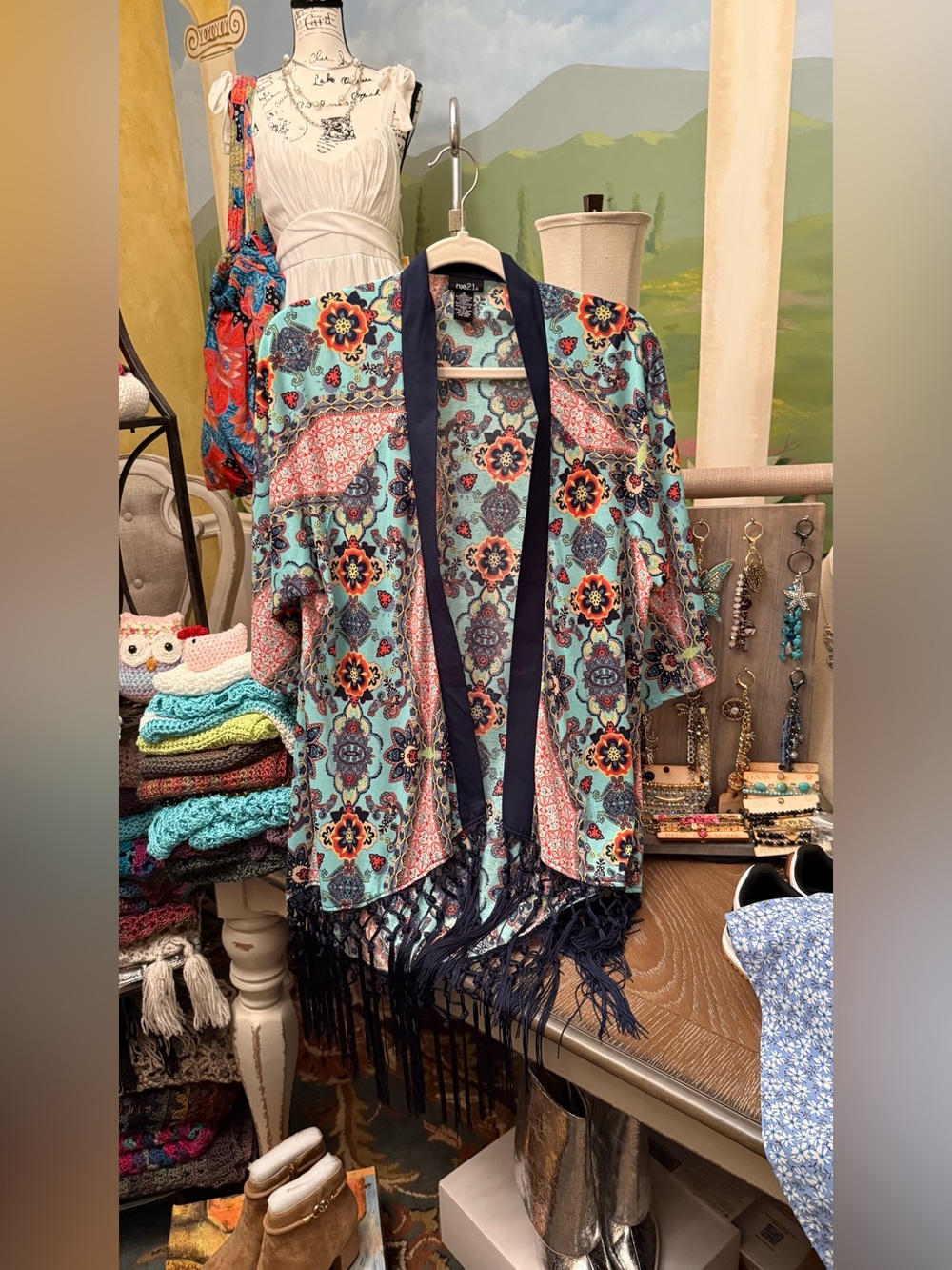 Rue21 Teal Floral Fringe Kimono with Navy Trim